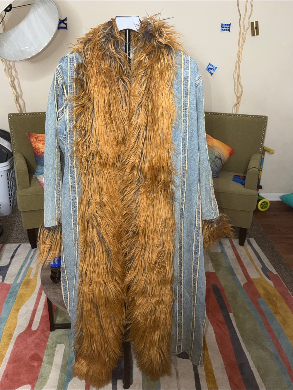 Denim Long Coat with Faux Fur Trim in Vintage Wash